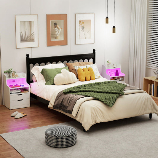 LED Nightstand with Charging Station 2-Drawer Bedside Table with Open Shelf Set of 2-White