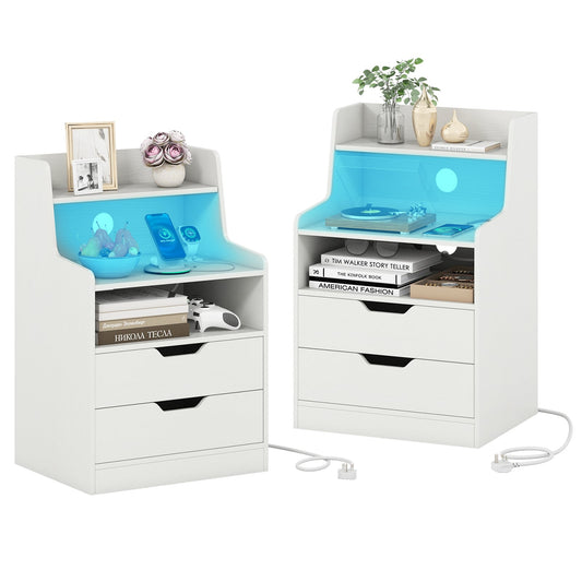 LED Nightstand with Charging Station 2-Drawer Bedside Table with Open Shelf Set of 2-White