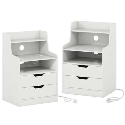 LED Nightstand with Charging Station 2-Drawer Bedside Table with Open Shelf Set of 2-White