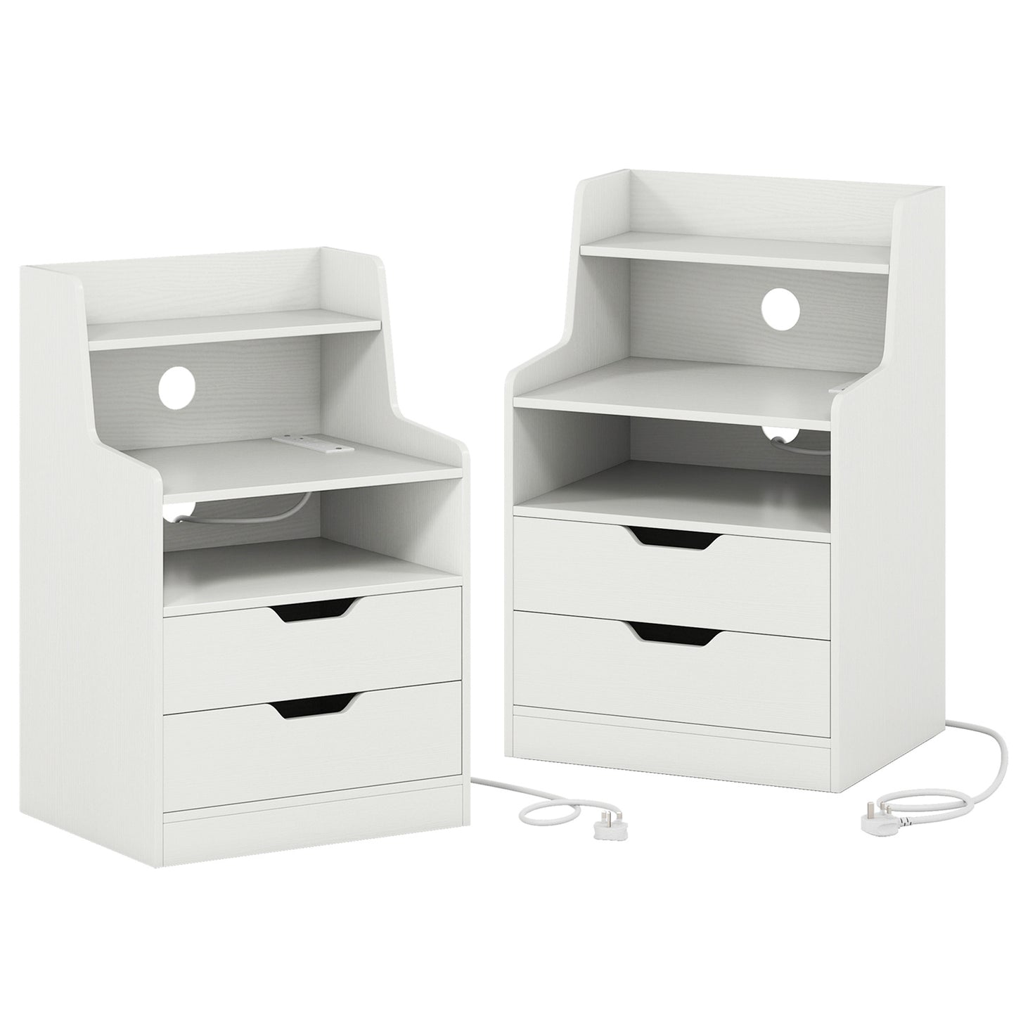 LED Nightstand with Charging Station 2-Drawer Bedside Table with Open Shelf Set of 2-White