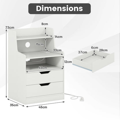 LED Nightstand with Charging Station 2-Drawer Bedside Table with Open Shelf Set of 2-White