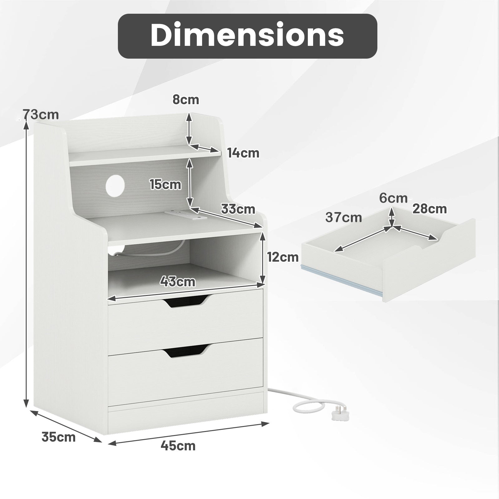 LED Nightstand with Charging Station 2-Drawer Bedside Table with Open Shelf Set of 2-White