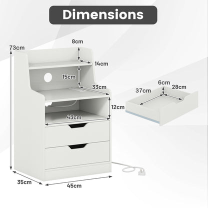LED Nightstand with Charging Station 2-Drawer Bedside Table with Open Shelf Set of 2-White