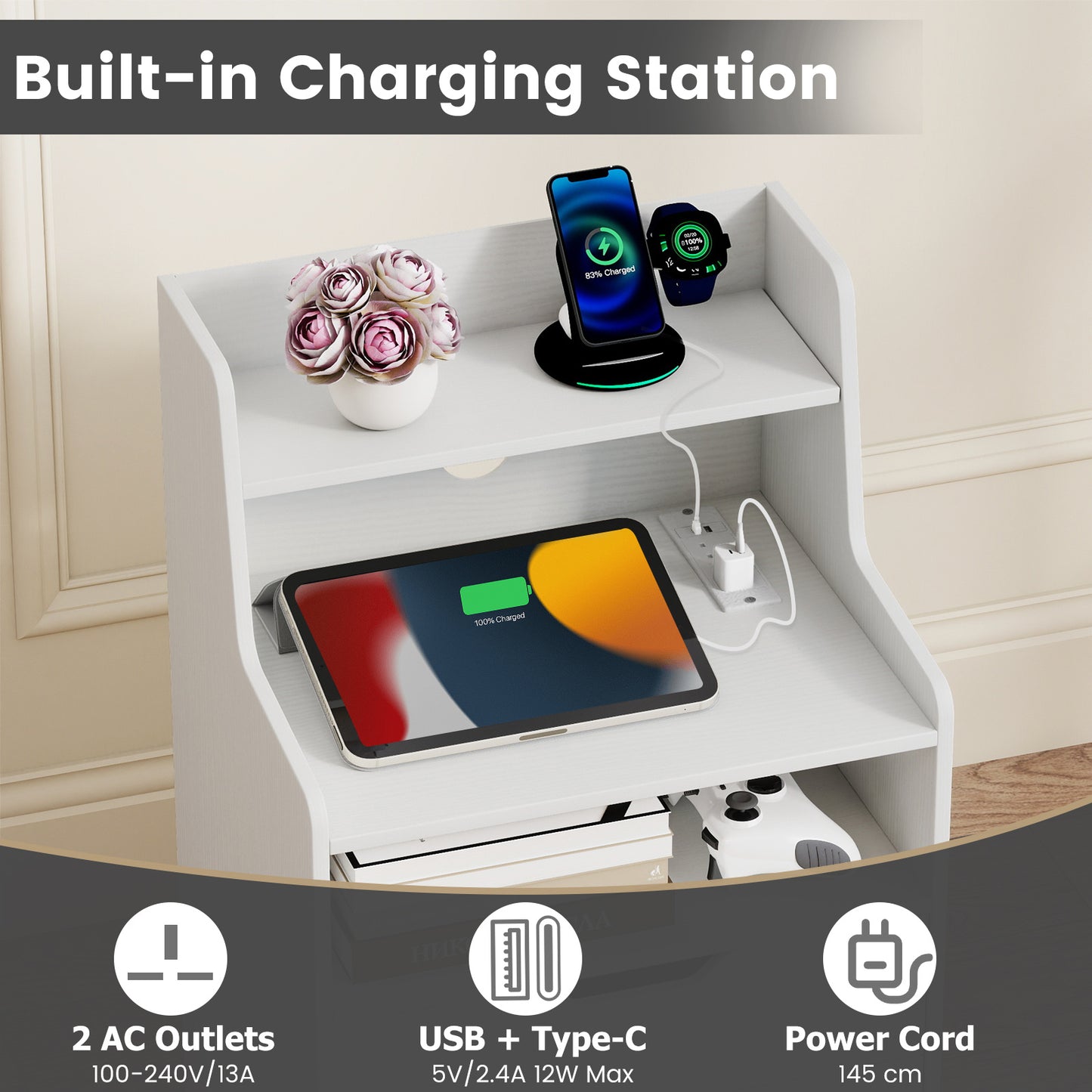 LED Nightstand with Charging Station 2-Drawer Bedside Table with Open Shelf Set of 2-White