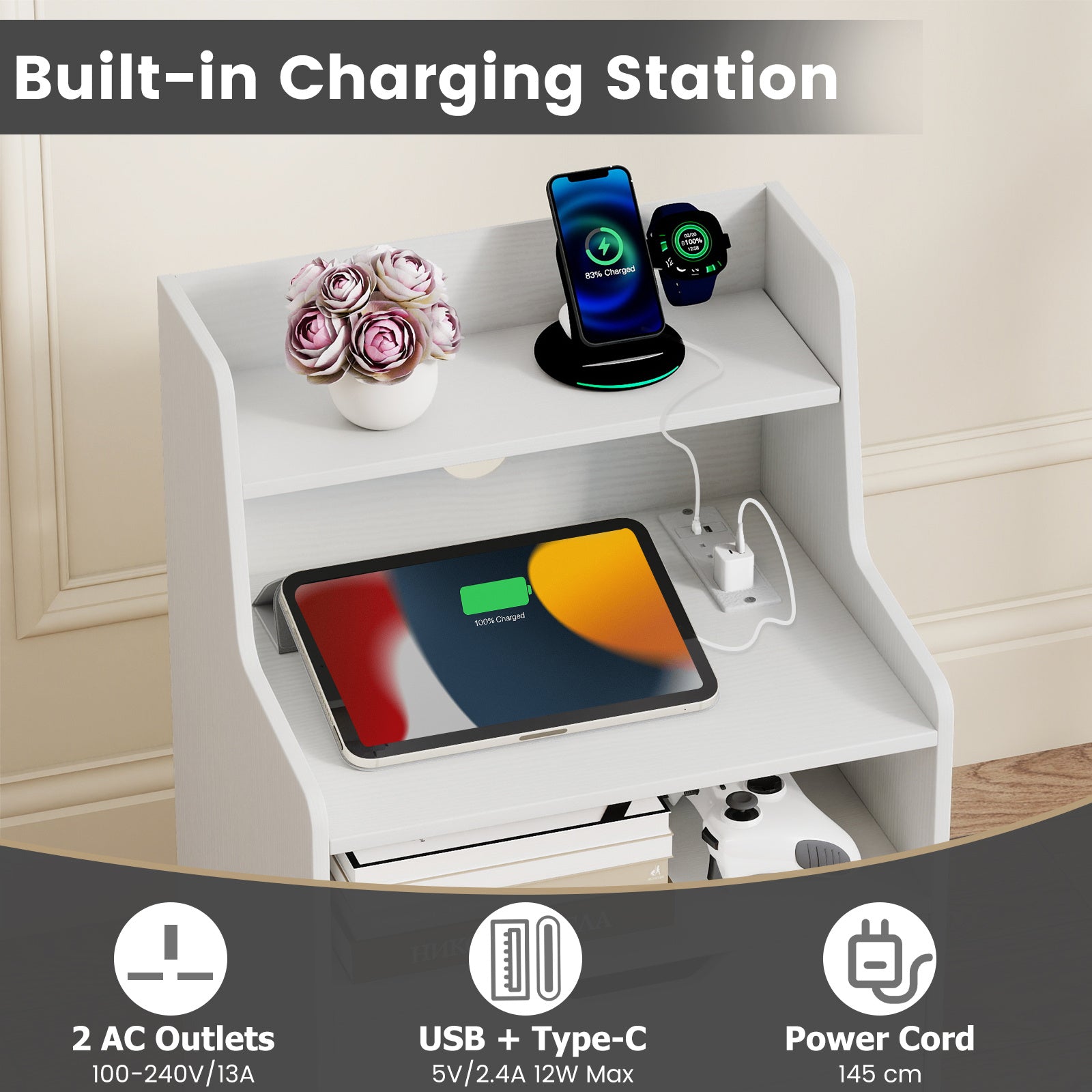 LED Nightstand with Charging Station 2-Drawer Bedside Table with Open Shelf Set of 2-White