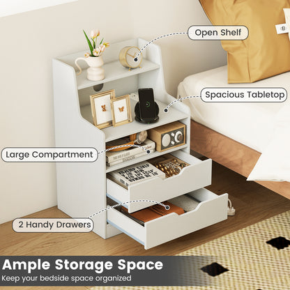 LED Nightstand with Charging Station 2-Drawer Bedside Table with Open Shelf Set of 2-White