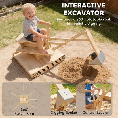AIYAPLAY Wooden Sand Pit with Digger, Kids Sandbox Outdoor, SandPit with 360Â° Swivel Seat and Bottom Liner