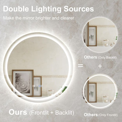 LED Bathroom Mirror with 3-Color Dimmable Lights, Time and Temp Display