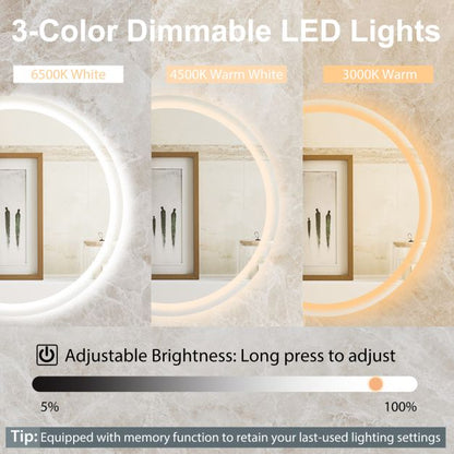 LED Bathroom Mirror with 3-Color Dimmable Lights, Time and Temp Display