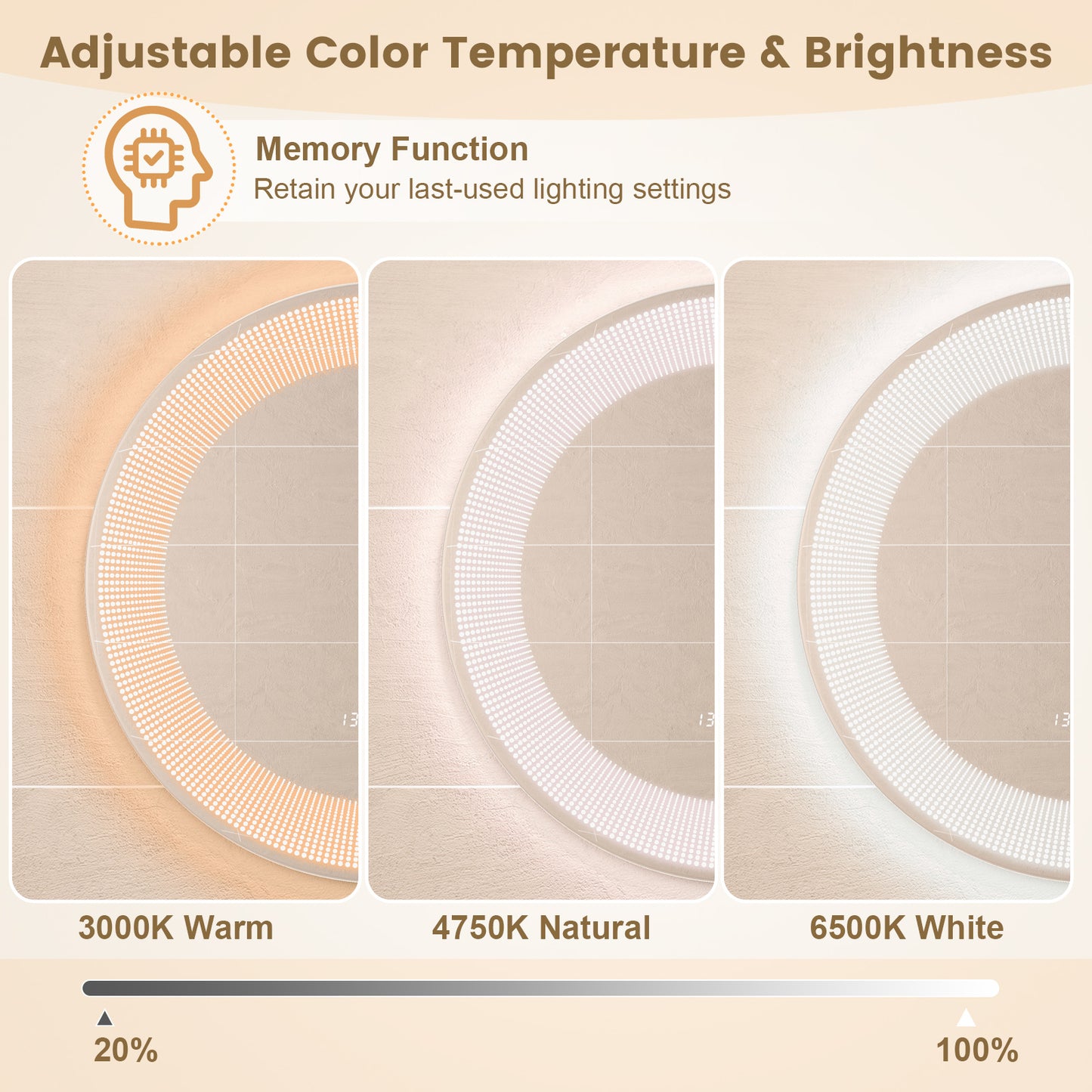Wall-Mounted Vanity Makeup Mirror with 3-Color Dimmable Lights Touch Switch