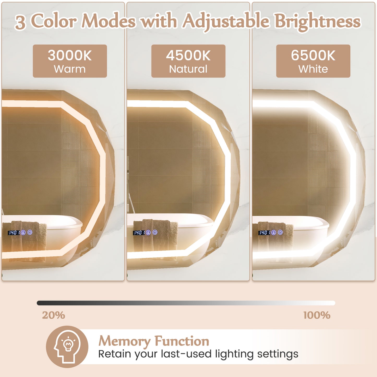 Anti-Fog Mirror LED Bathroom Mirror with 3 Color LED Light