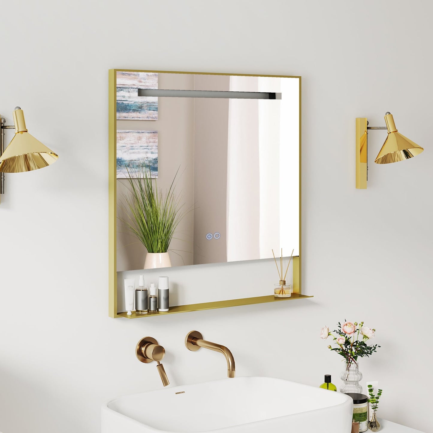 LED Bathroom Mirror with Shelf Aluminum Framed Right-angled Shape-Golden