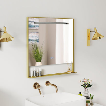LED Bathroom Mirror with Shelf Aluminum Framed Right-angled Shape-Golden