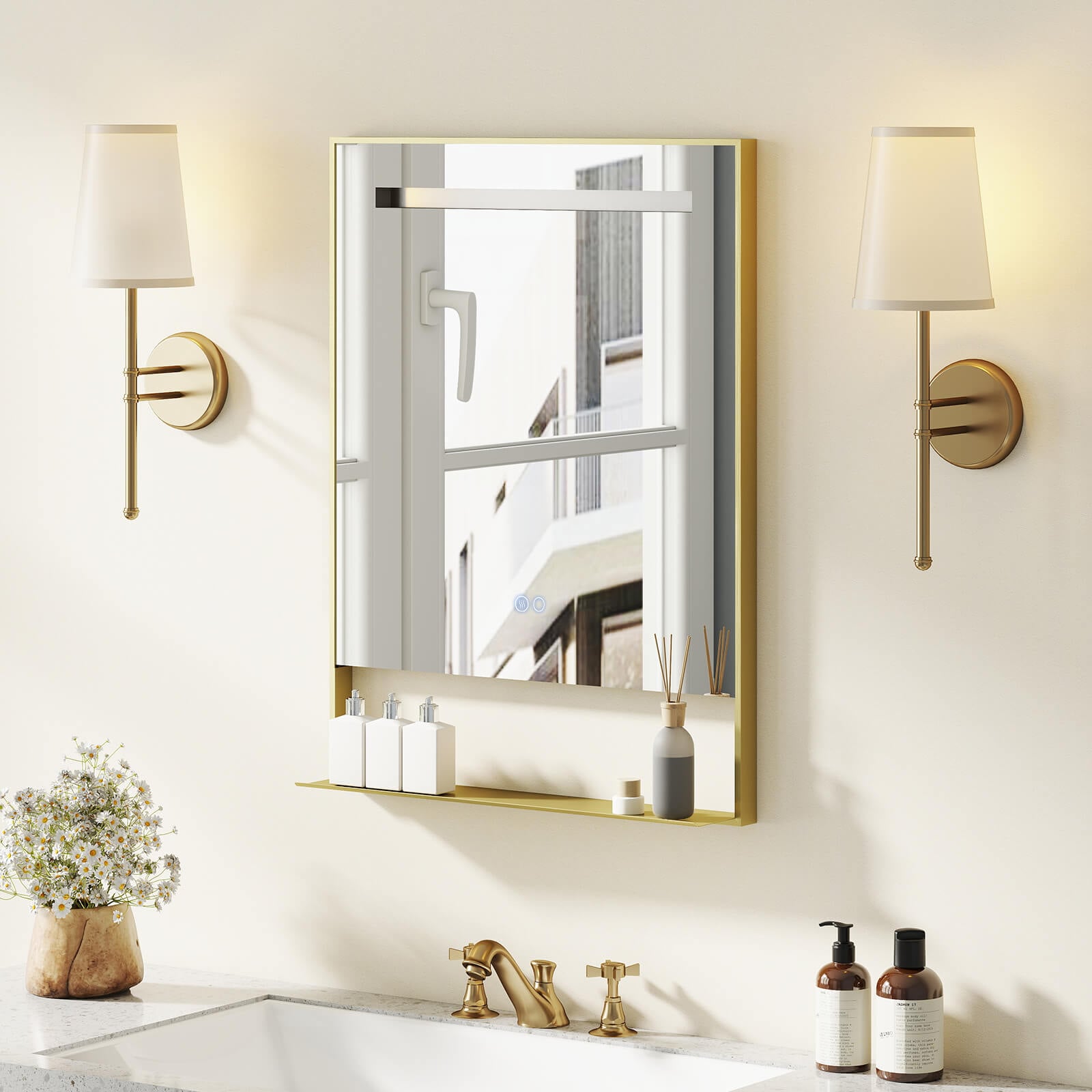 LED Bathroom Mirror with Shelf Aluminum Framed Right-angled Shape-Golden