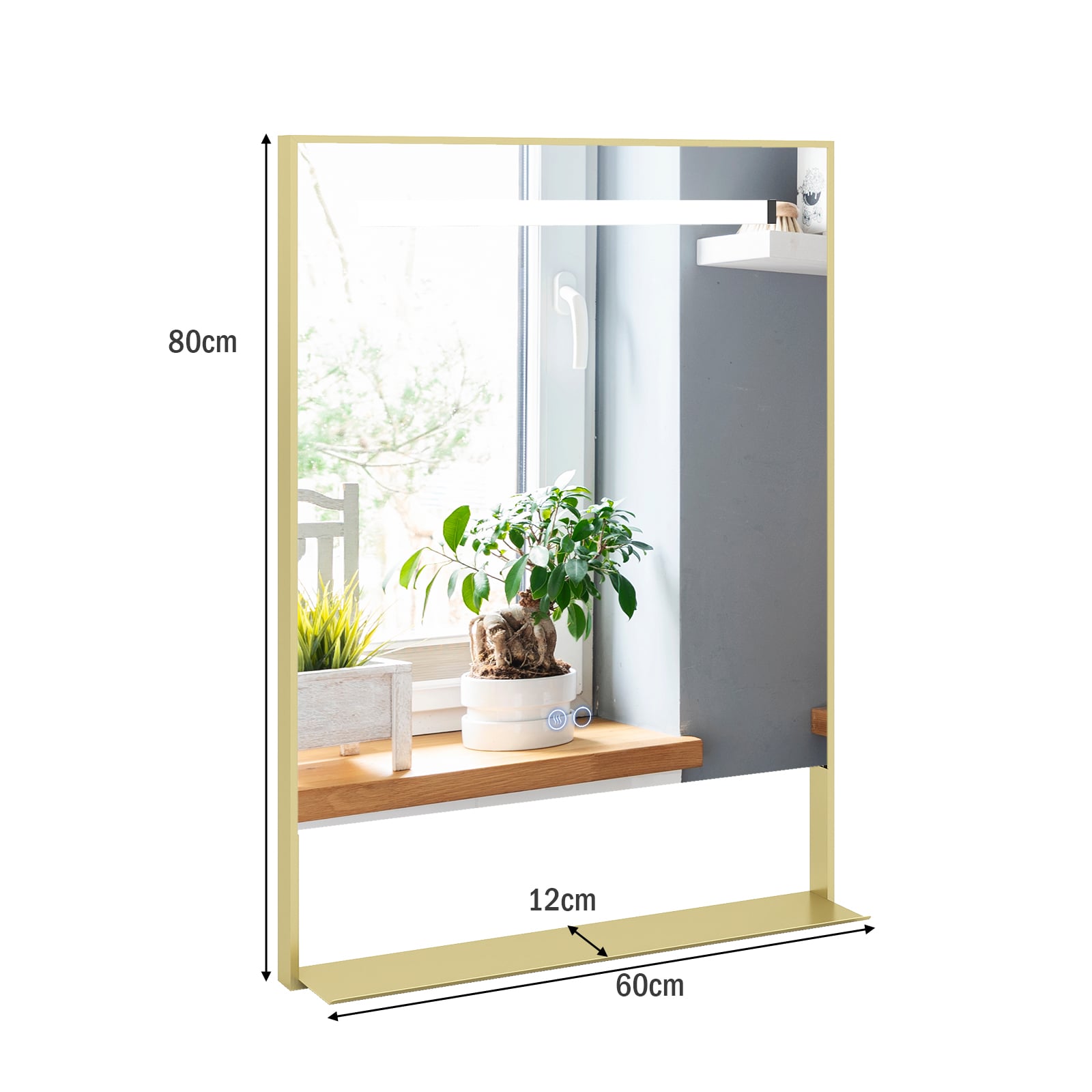LED Bathroom Mirror with Shelf Aluminum Framed Right-angled Shape-Golden