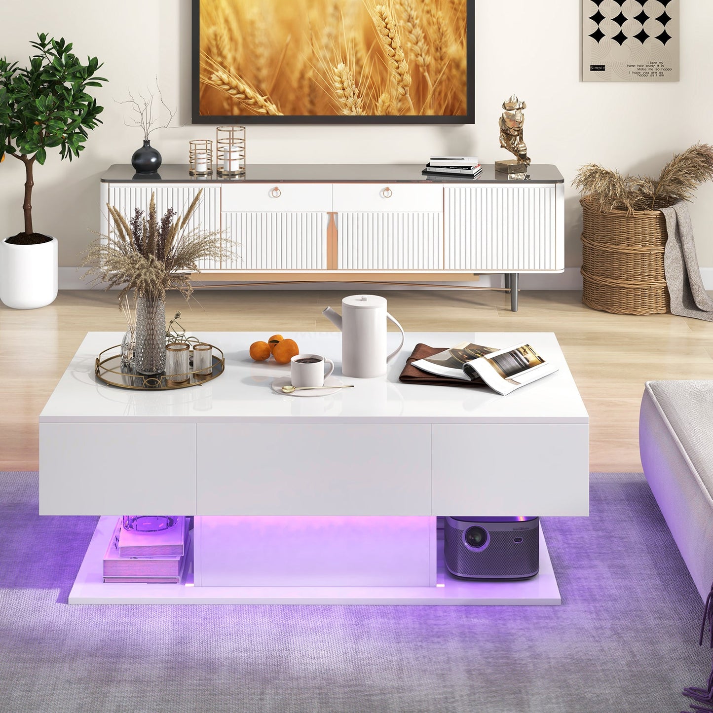 LED Coffee Table with 2 Drawers and Remote Control-White