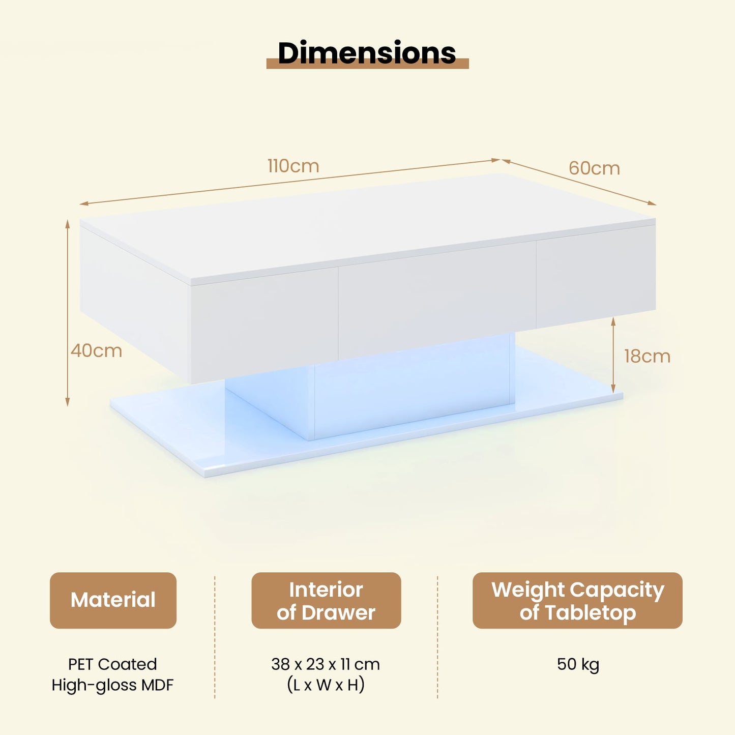 LED Coffee Table with 2 Drawers and Remote Control-White