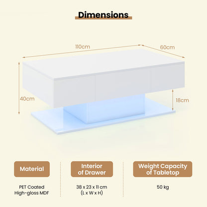LED Coffee Table with 2 Drawers and Remote Control-White