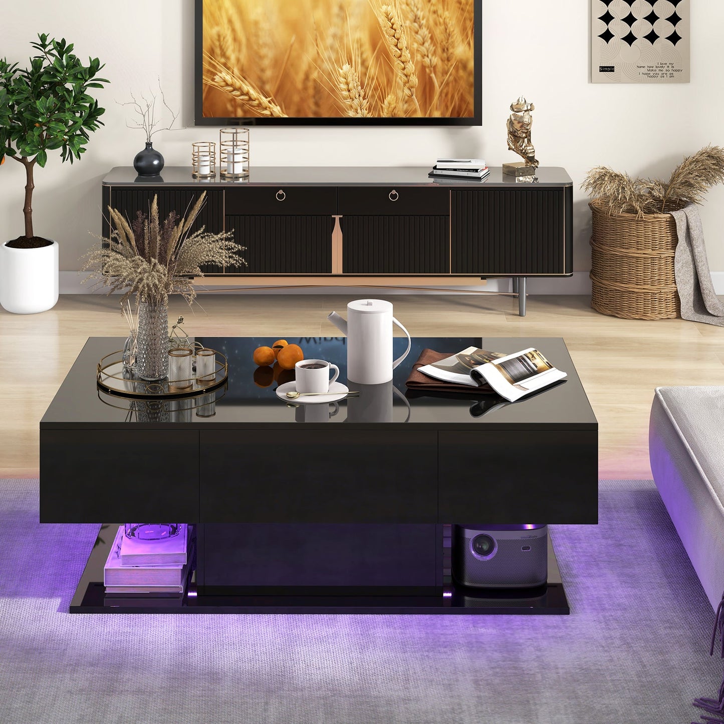 LED Coffee Table with 2 Drawers and Remote Control-Black