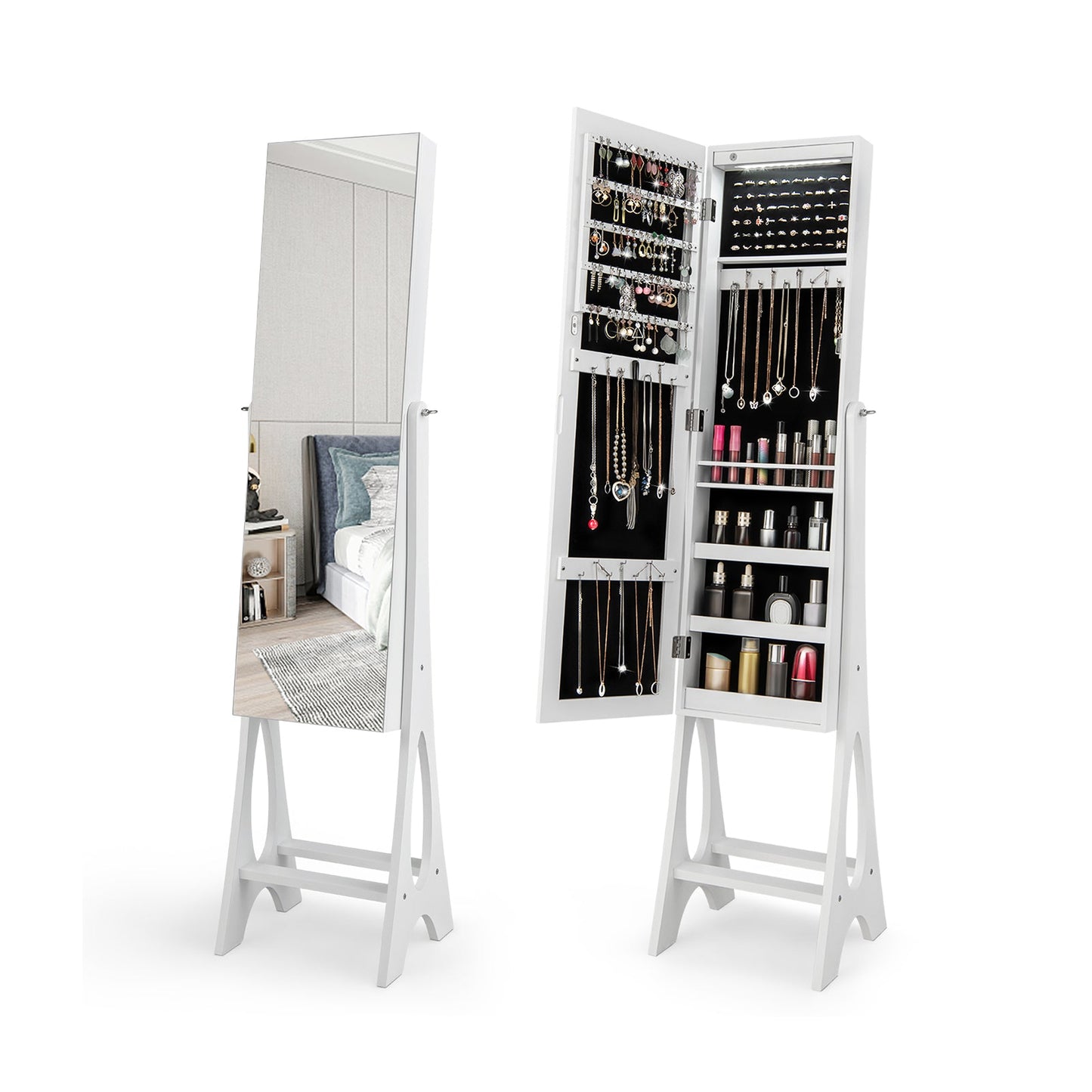 Freestanding Jewelry Cabinet Armoire Organizer with Bevel Edge Mirror-White