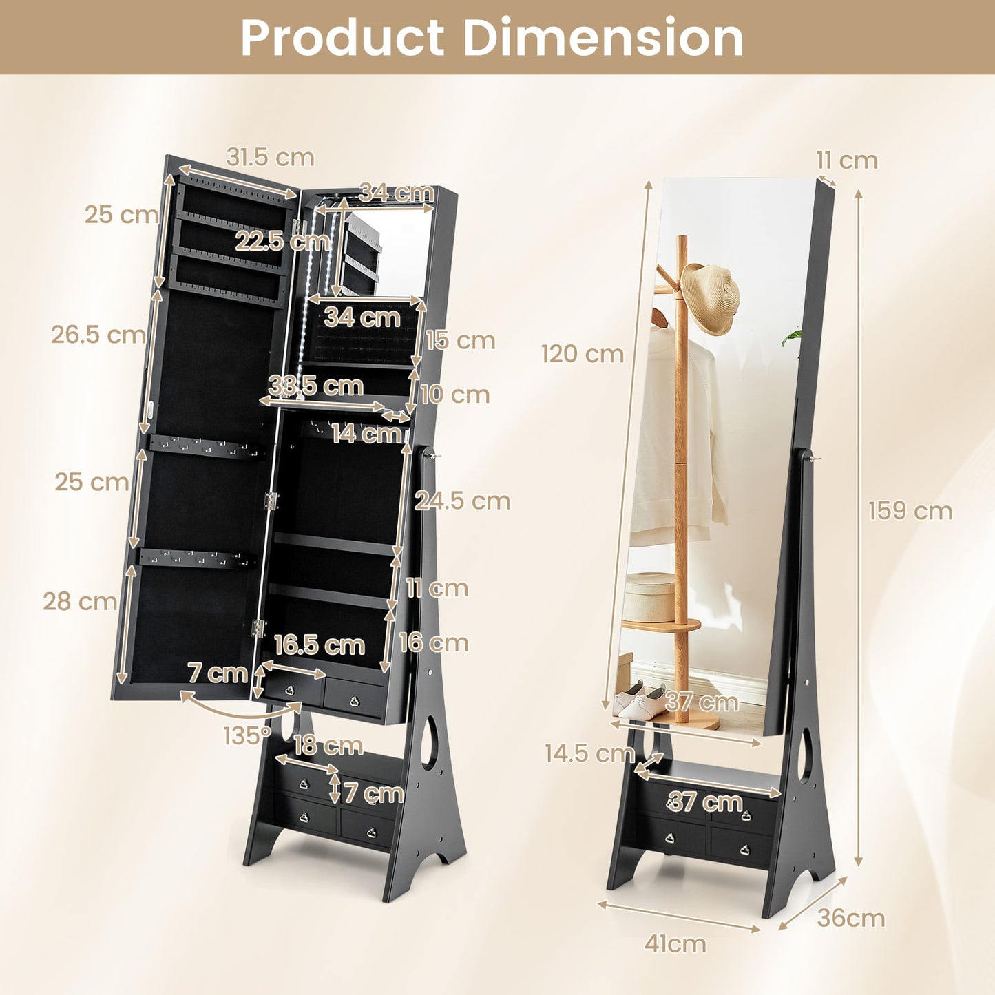3-Color LED Lighted Jewelry Cabinet with Full-Length Mirror and Adjustable Tilt Angles-Black