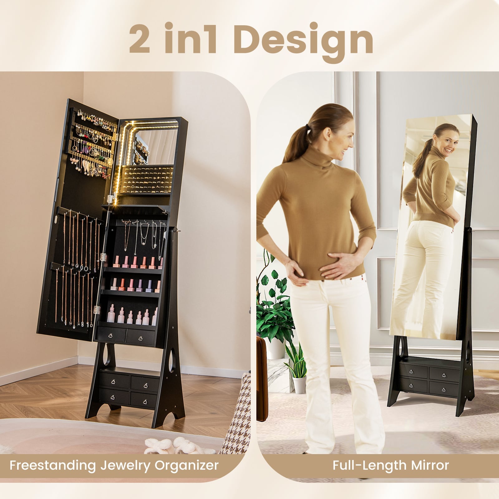 3-Color LED Lighted Jewelry Cabinet with Full-Length Mirror and Adjustable Tilt Angles-Black
