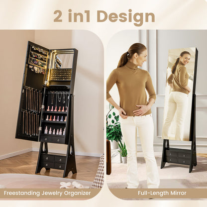 3-Color LED Lighted Jewelry Cabinet with Full-Length Mirror and Adjustable Tilt Angles-Black