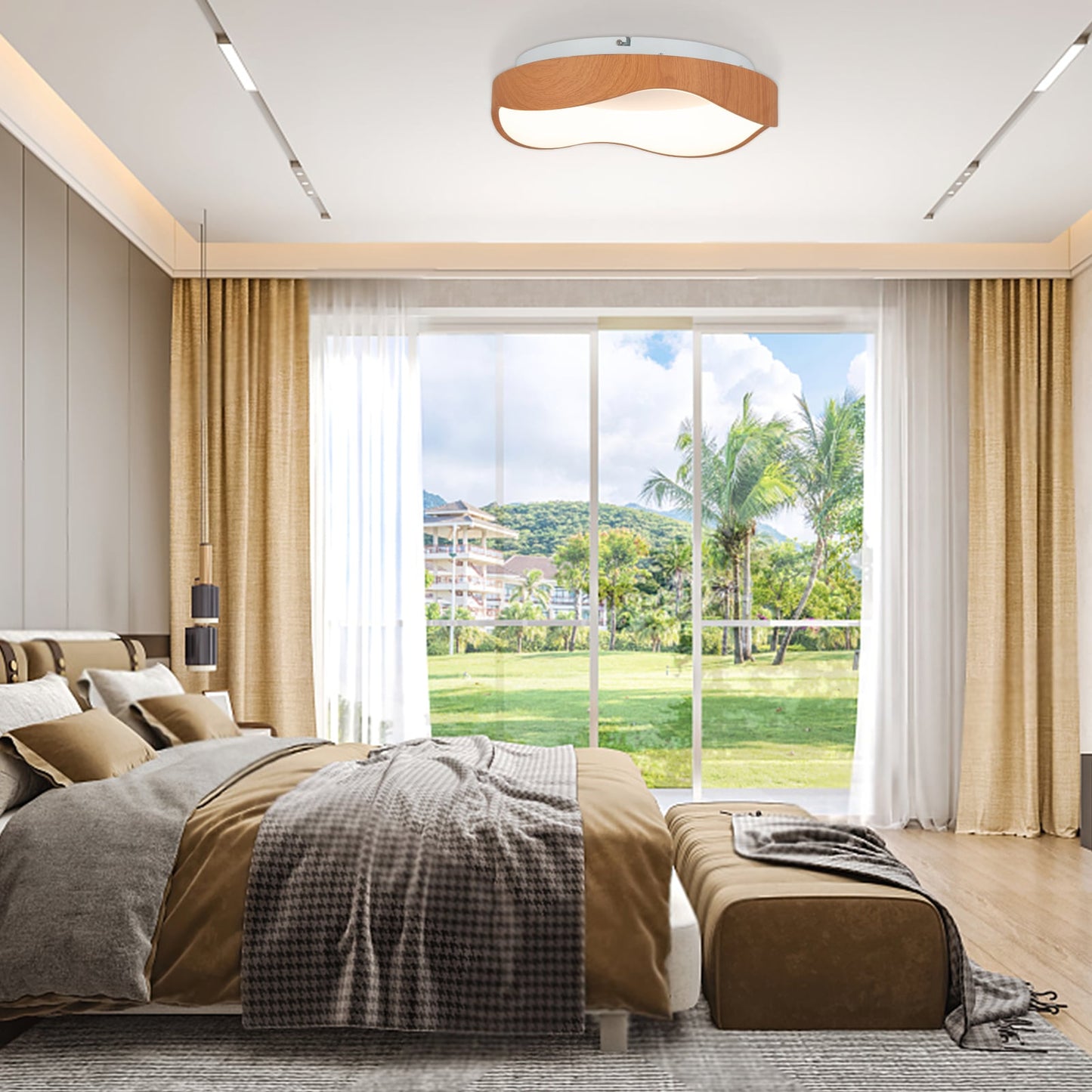 LED Mount Ceiling Light with Wood Pattern and Metal Frame-Natural