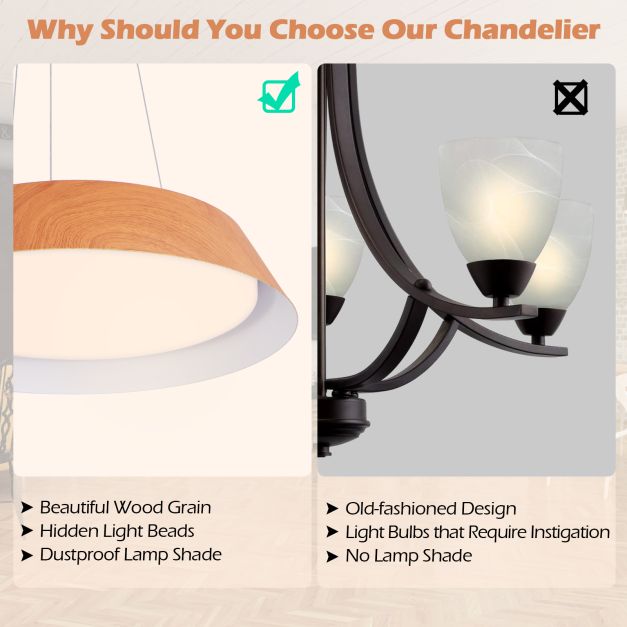 22W Modern Ceiling Light with Wood Grain and Metal Frame-Natural