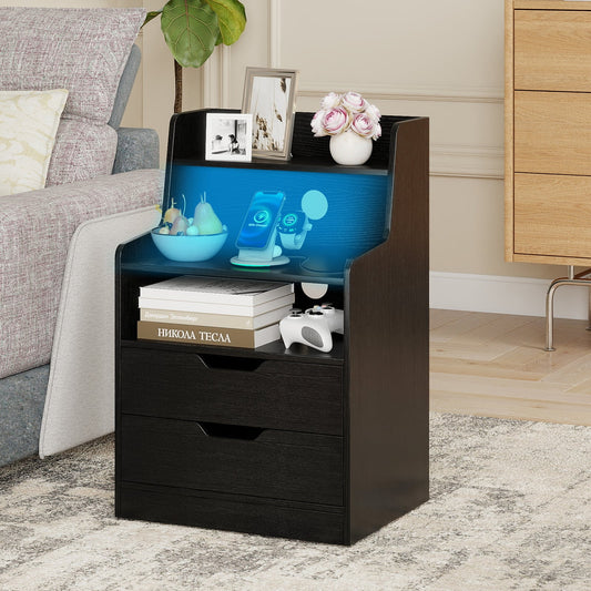 LED Nightstand with Charging Station 2-Drawer Bedside Table with Open Shelf-Black