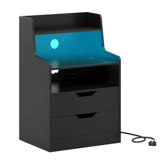 LED Nightstand with Charging Station 2-Drawer Bedside Table with Open Shelf-Black