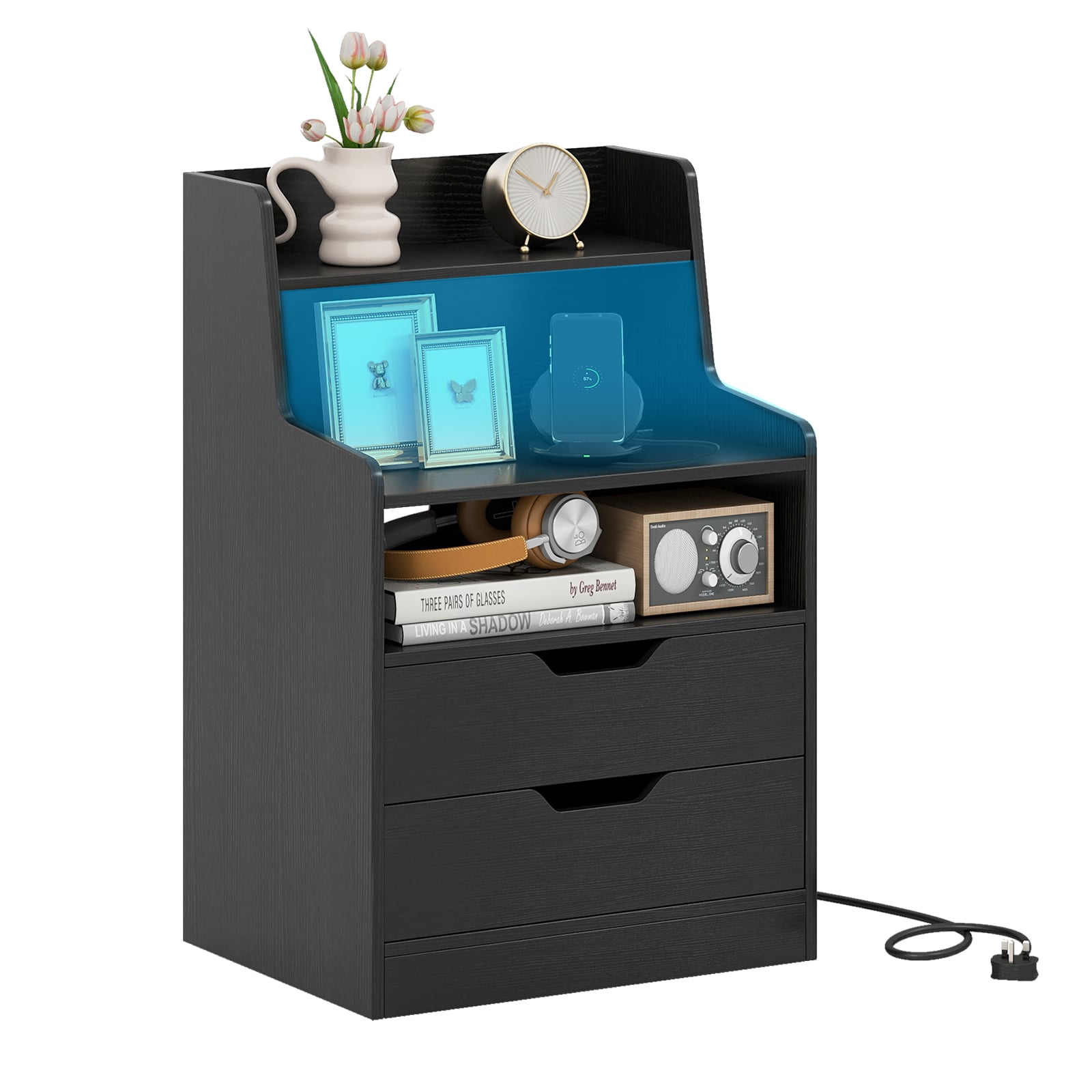 LED Nightstand with Charging Station 2-Drawer Bedside Table with Open Shelf-Black