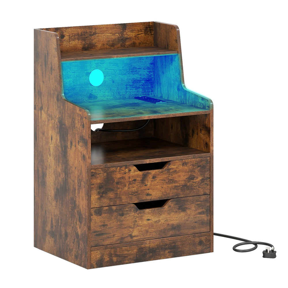 LED Nightstand with Charging Station 2-Drawer Bedside Table with Open Shelf-Rustic Brown
