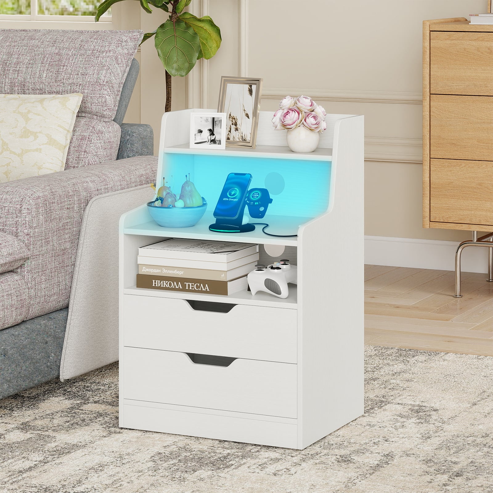 LED Nightstand with Charging Station 2-Drawer Bedside Table with Open Shelf-White