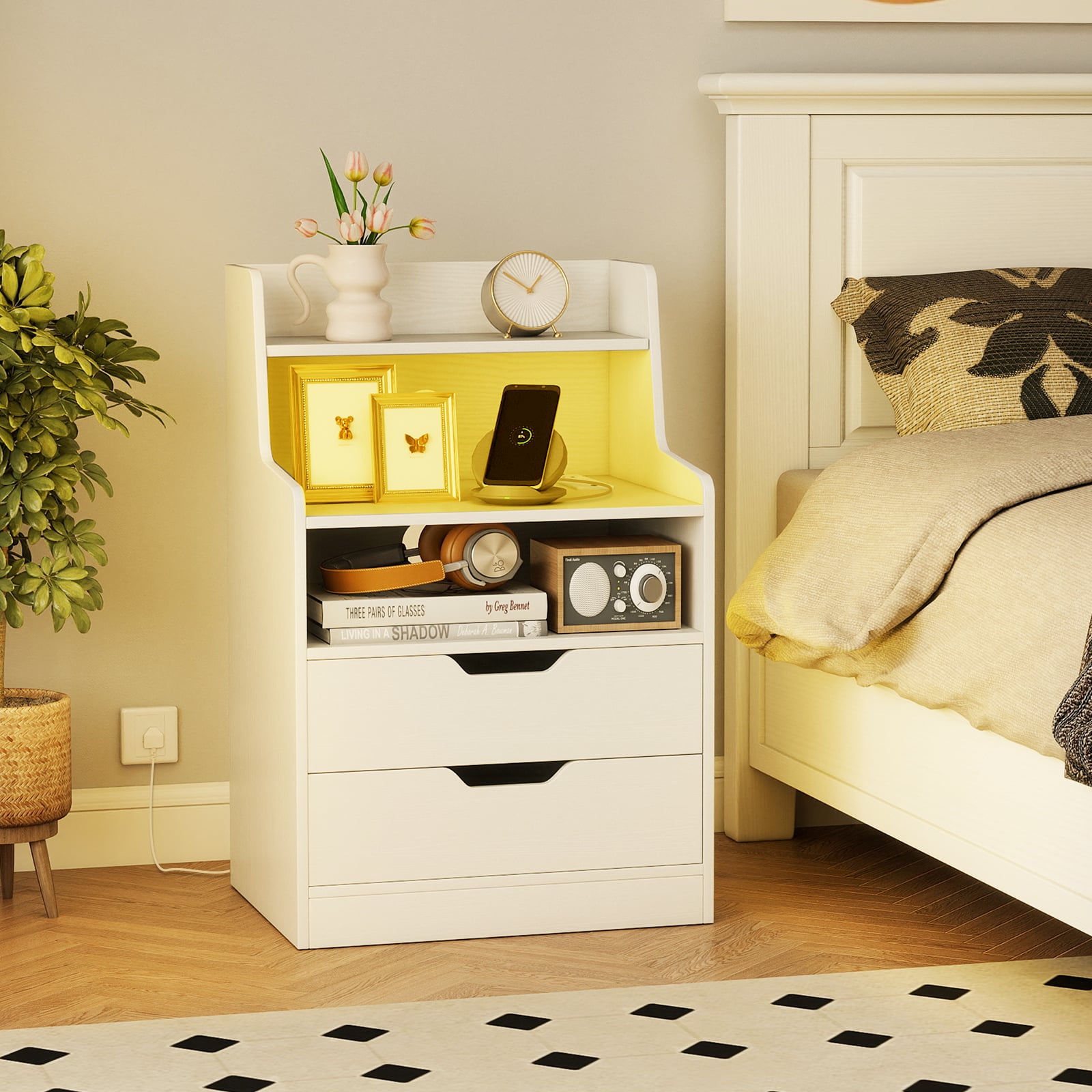 LED Nightstand with Charging Station 2-Drawer Bedside Table with Open Shelf-White