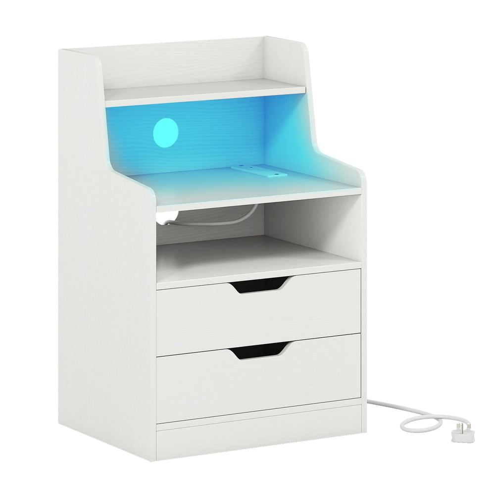 LED Nightstand with Charging Station 2-Drawer Bedside Table with Open Shelf-White