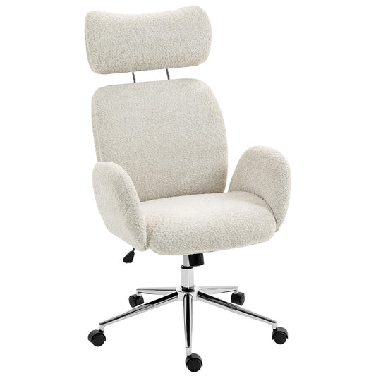 HOMCOM Office Chair with Adjustable Headrest, Spring Pack, Curved Line, Boucle Fabric - Pale Grey