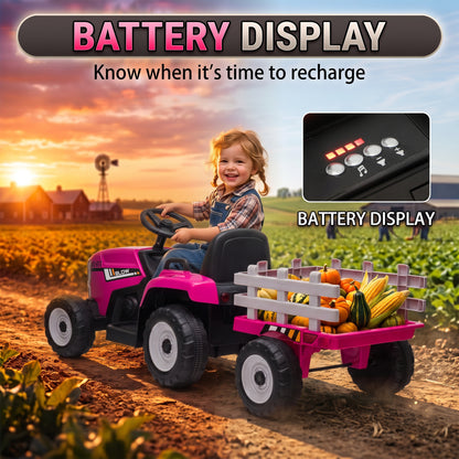HOMCOM 12V Kids Ride on Tractor with Detachable Trailer, Remote, Soft Start, Seat Belt, Music, USB, Horn, Lights for 3-6, Pink