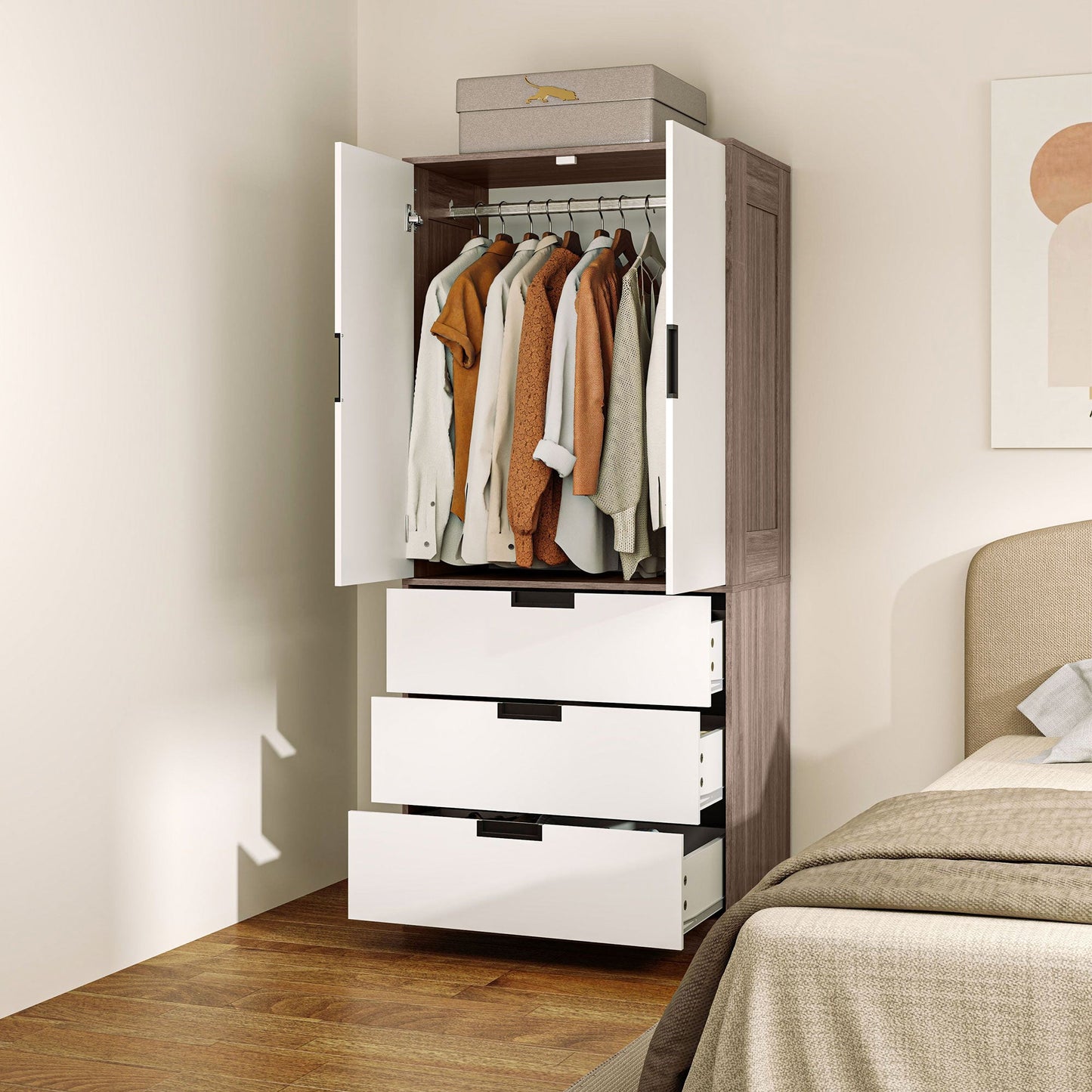 HOMCOM Two Door Wardrobe with drawers for Bedroom Use Family Use, White Brown