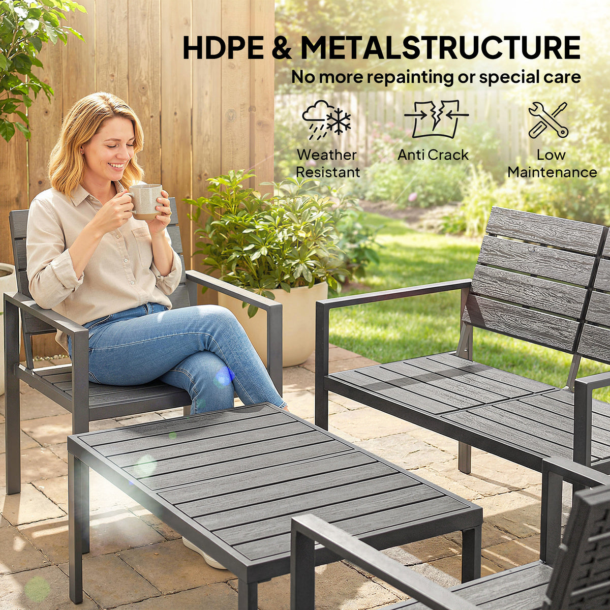 Outsunny 4 Piece Garden Furniture Set, Outdoor Sofa Set with HDPE Slatted Loveseat Armchairs Coffee Table Metal Frame, Dark Grey