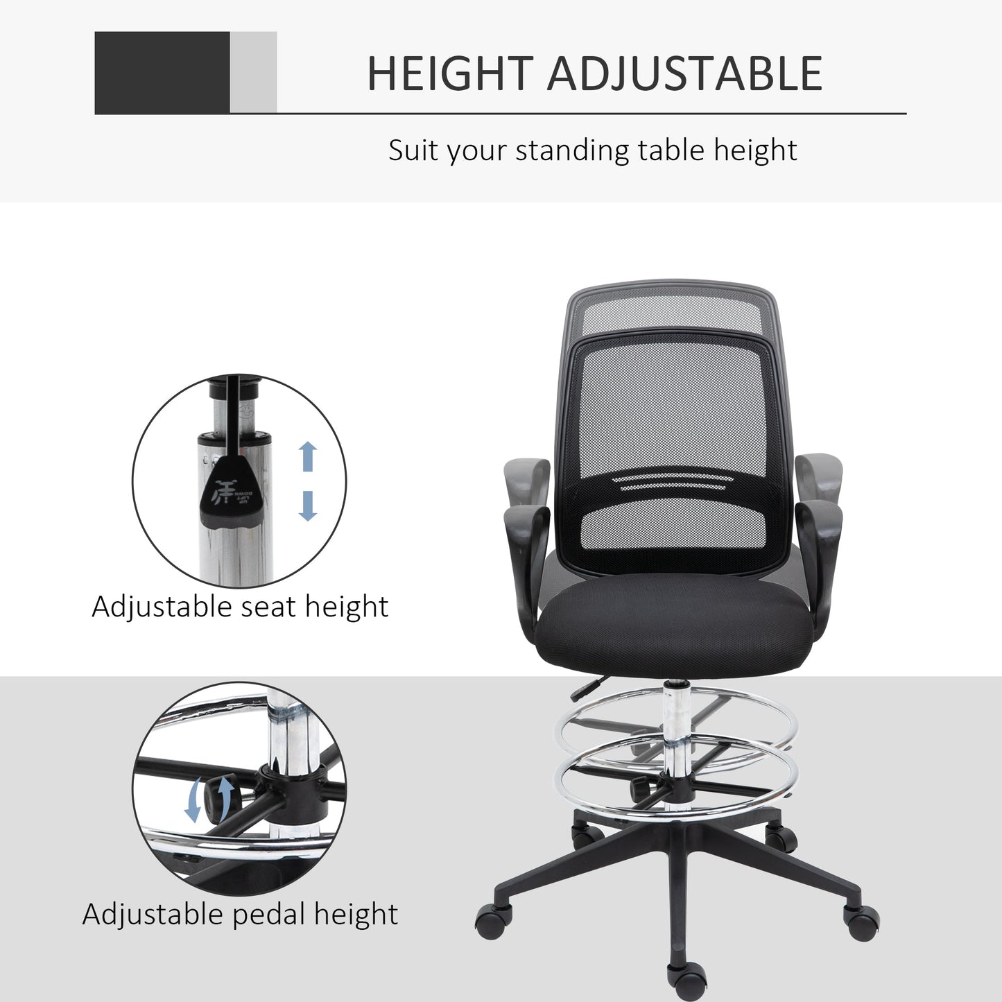 Vinsetto Ergonomic Mesh Back Drafting Chair Tall Office Chair with Adjustable Height and Footrest 360° Swivel, Black