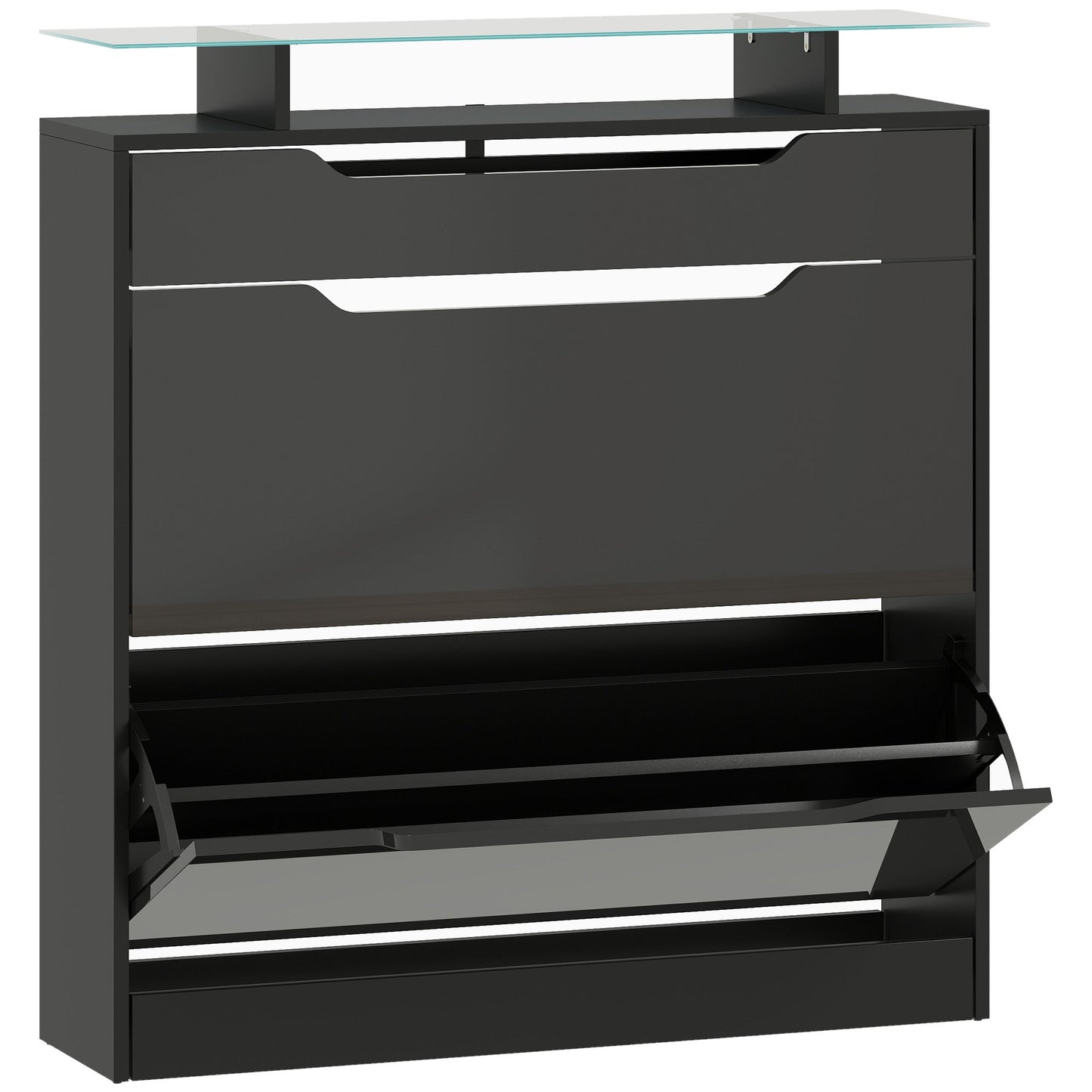 HOMCOM Shoe Storage Cabinet with Slide Out Drawer, 2 Flip Doors, Tempered Glass Top - Black