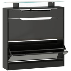 HOMCOM Shoe Storage Cabinet with Slide Out Drawer, 2 Flip Doors, Tempered Glass Top - Black