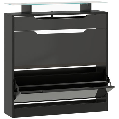 HOMCOM Shoe Storage Cabinet with Slide Out Drawer, 2 Flip Doors, Tempered Glass Top - Black