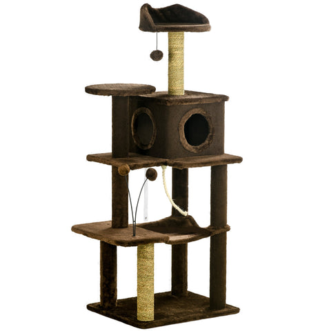 PawHut 136cm Cat Tree for Indoor Cats, Modern Cat Tower with Scratching Posts, house, Platforms, Toy Ball - Brown
