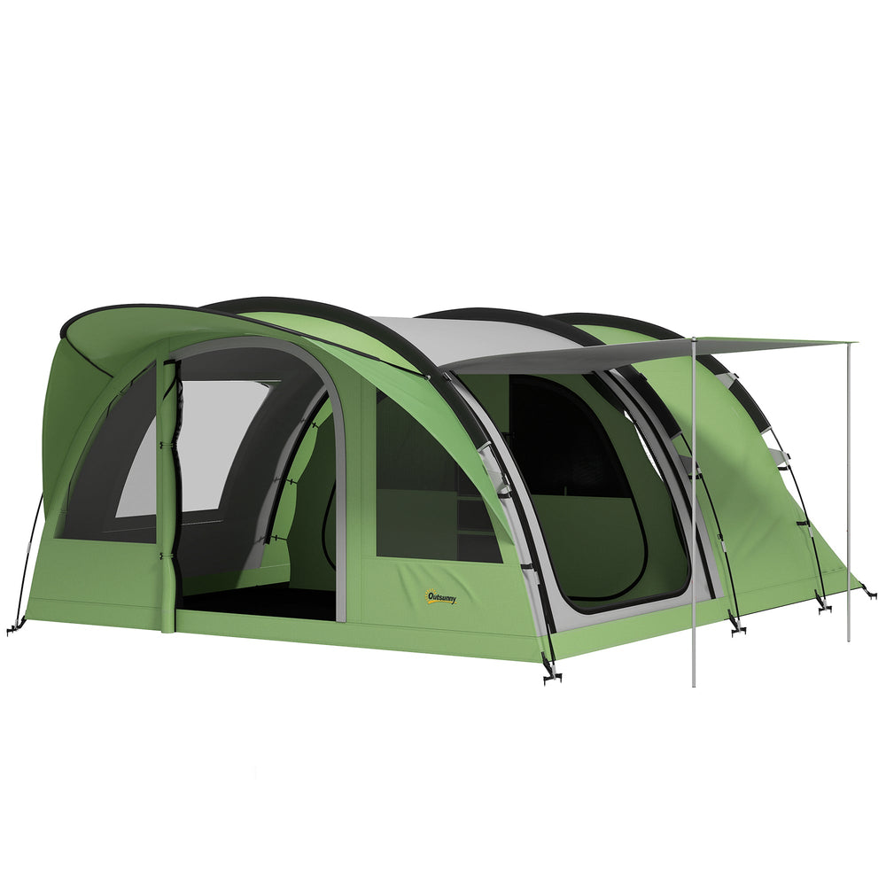 Outsunny 4 Person Easy Setup Family Camping Tent with 2 Rooms, Waterproof Tunnel Tent w/ Sewn In Groundsheet, Green & Grey