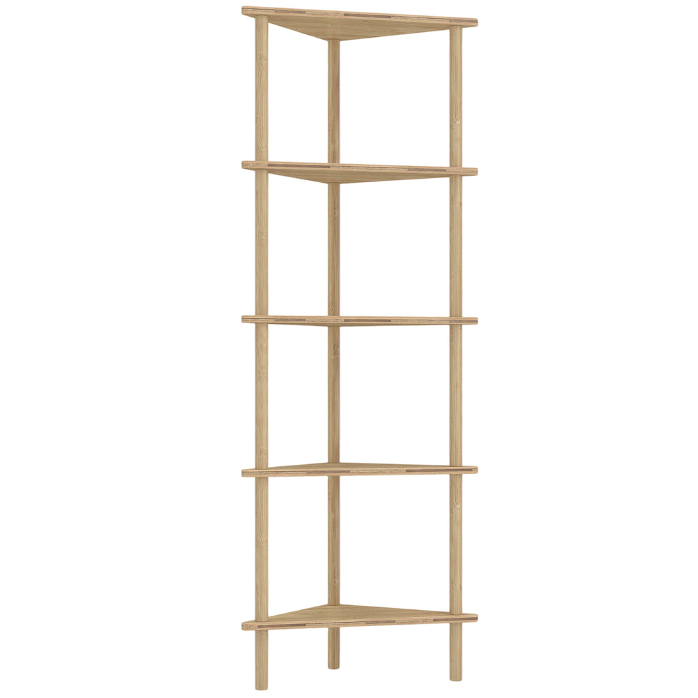 HOMCOM Bamboo Storage Shelf, 5-tier Corner Shelf, Freestanding Shelving Unit for Living Room, Home Office, Natural Wood Finish
