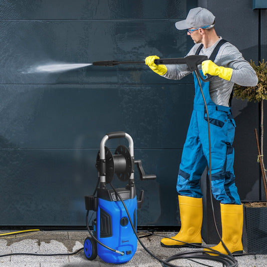 Outsunny 1800W High√Ç Pressure√Ç Washer, 150 Bar Pressure, 420 L/h Flow, Portable Power Washer Jet Wash Cleaner with Adjustable Nozzle, 6M Hose, Hose Reel, Steel Handle for Home Patio Car Driveway, Blue