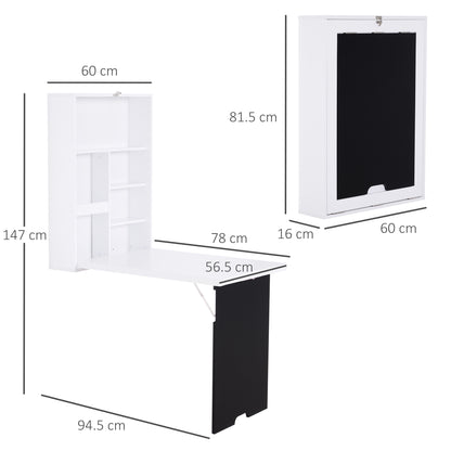 HOMCOM Folding Wall-Mounted Drop-Leaf Table, Convertible Wall Table With Chalkboard and Storage Shelf, Multifunctional Floating Desk for Home Office, White
