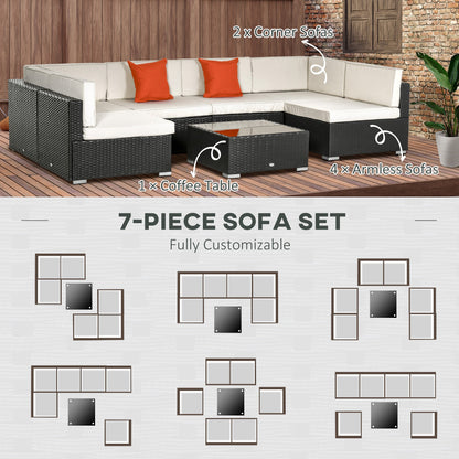 Outsunny 7 Pieces PE Rattan Garden Furniture Set with Thick Padded Cushion, Patio Garden Corner Sofa Sets with Glass Coffee Table and Pillows, Buckle Structure, Dark Coffee